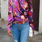 Printed Surplice Neck Long Sleeve Blouse