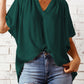 Gathered Detail Notched Neck Flutter Sleeve Top
