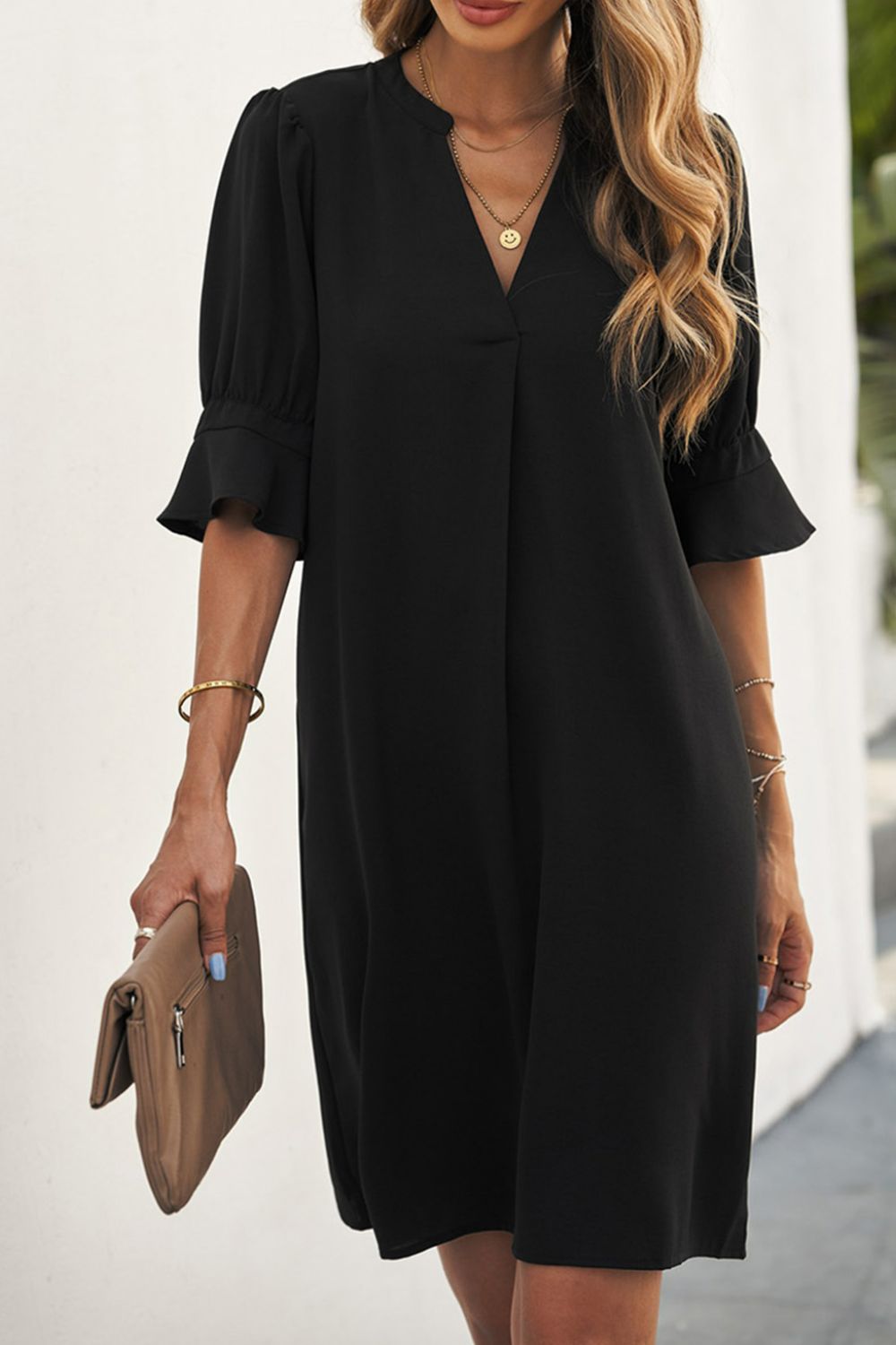 Puff Sleeve Notched Mini Shift Dress